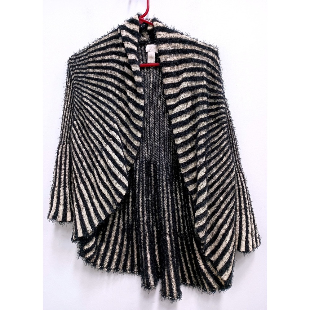 Chicos Cardigan Sweater Womens Large Black Striped Eyelash Knit Open‎ Y2K BOHO